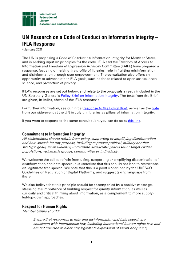 联合国信息完整性行为准则研究 — — 国际图联的回应