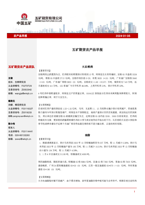 五矿期货农产品早报