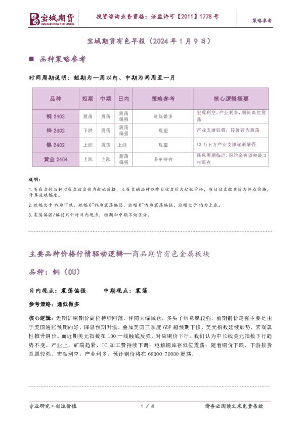宝城期货有色早报（2024年1月9日）