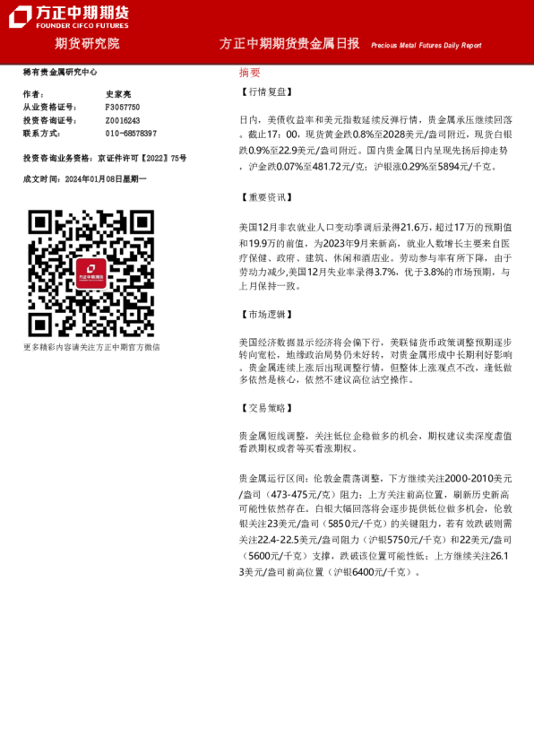 方正中期期货贵金属日报