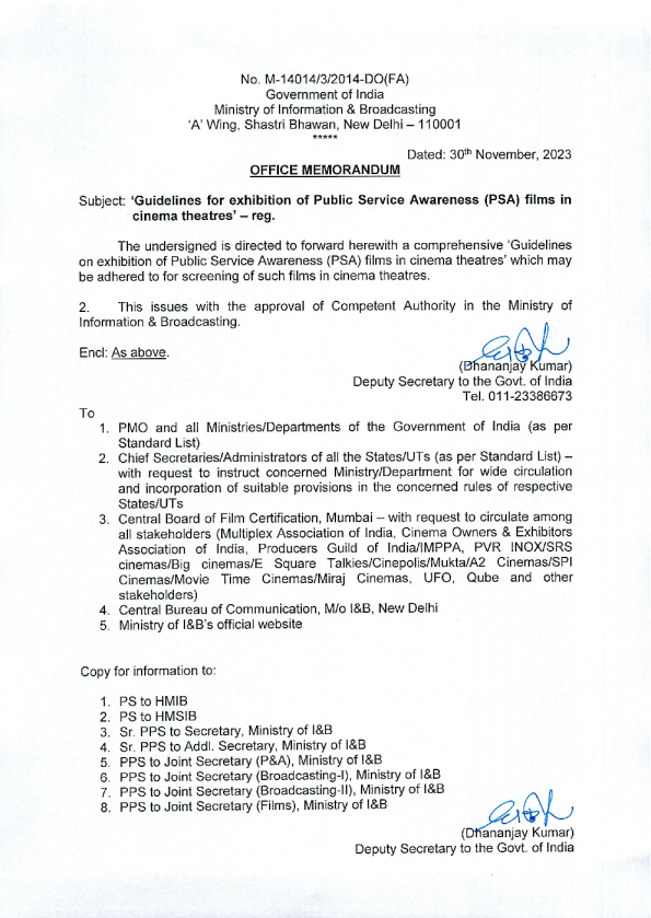 Guidelines for exhibition of Public Service Awareness (PSA) films in cinema thea…