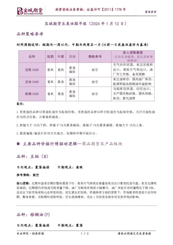 宝城期货豆类油脂早报（2024年1月12日）