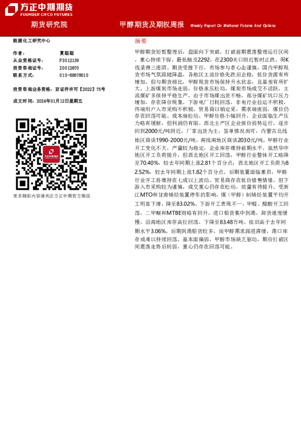 甲醇期货及期权周报