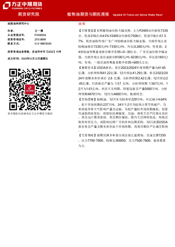 植物油期货与期权周报