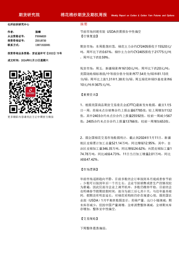 棉花棉纱期货及期权周报