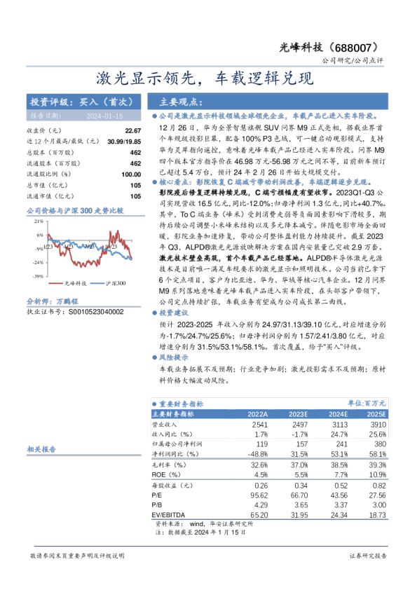 激光显示领先，车载逻辑兑现