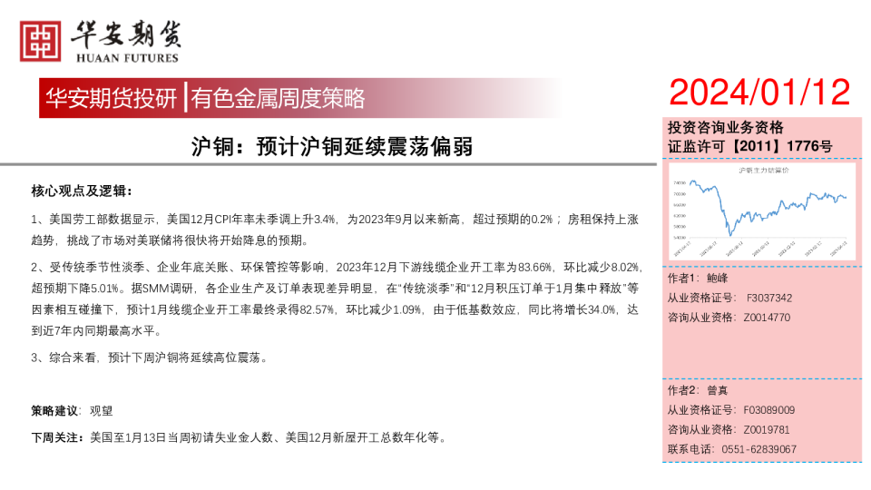 沪铜：预计沪铜延续震荡偏弱