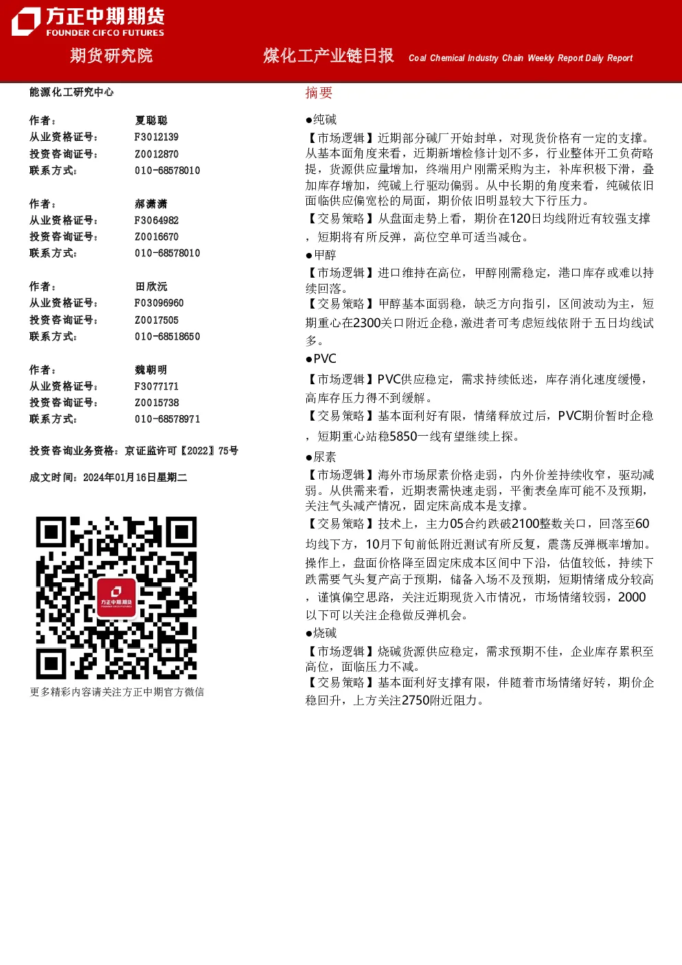 煤化工产业链日报