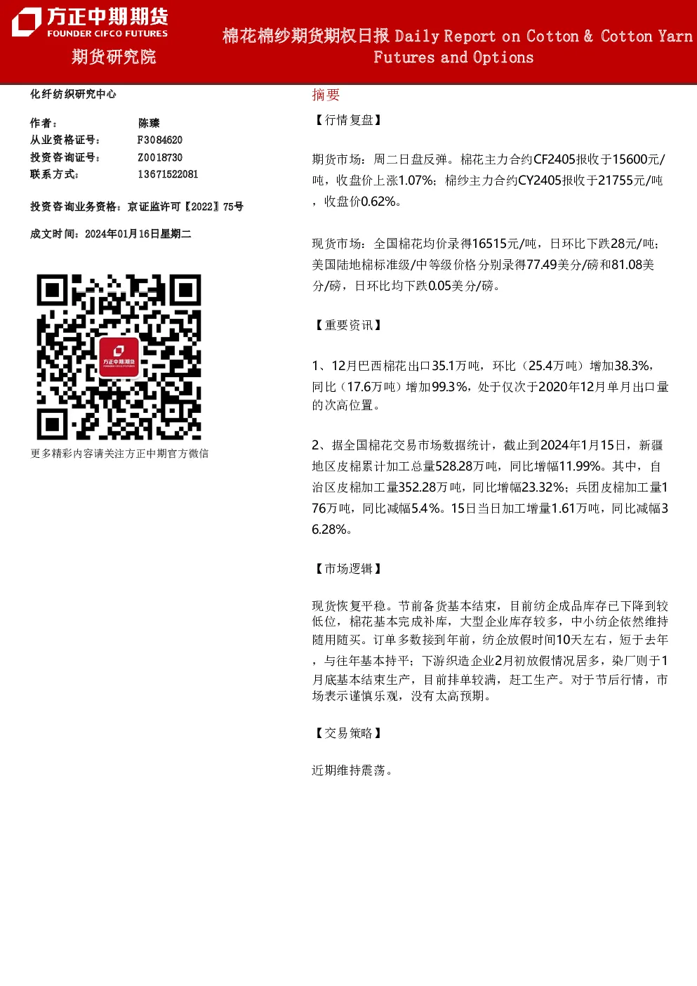 棉花棉纱期货期权日报