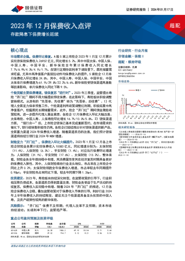 2023年12月保费收入点评：存款降息下保费增长延续