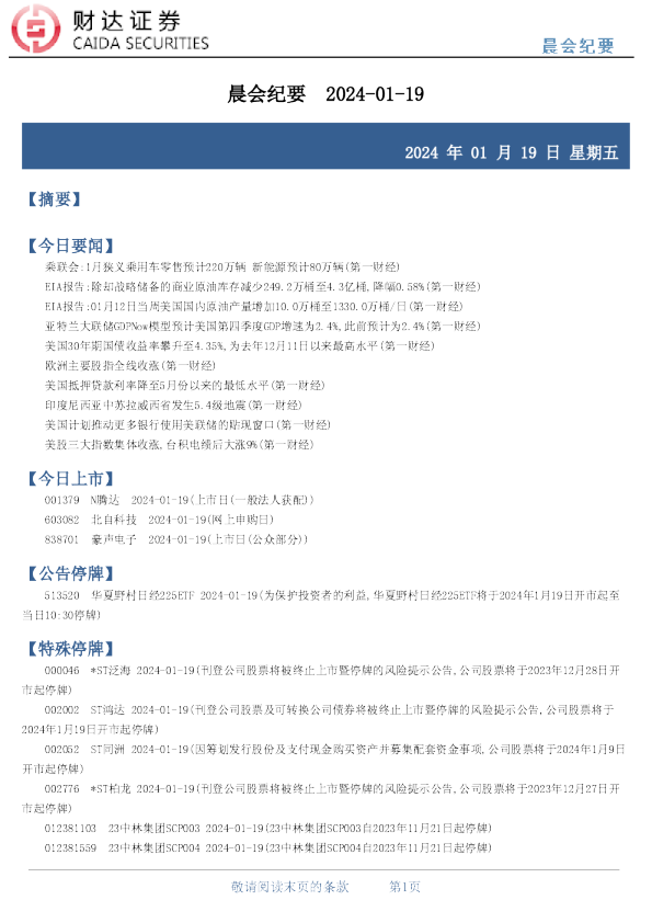 财达证券晨会纪要