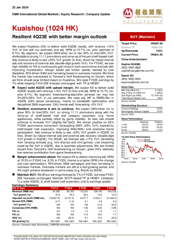 弹性 4Q23E ， 利润率前景较好