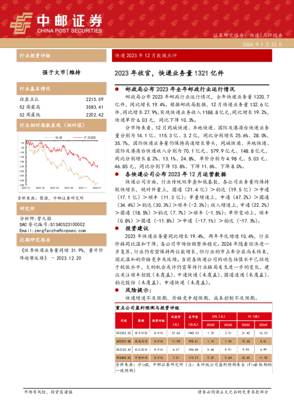 快递2023年12月数据点评：2023年收官，快递业务量1321亿件