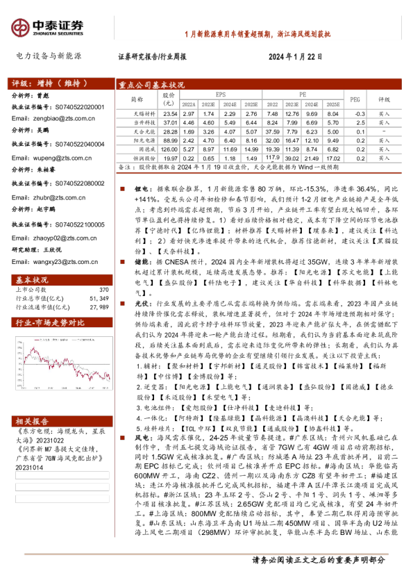 1月新能源乘用车销量超预期，浙江海风规划获批