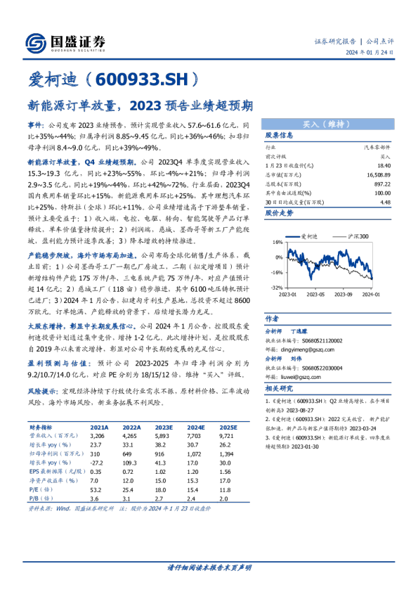 新能源订单放量，2023预告业绩超预期
