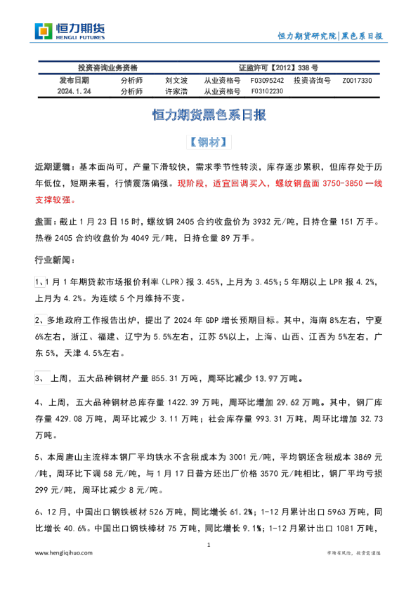 恒力期货黑色系日报