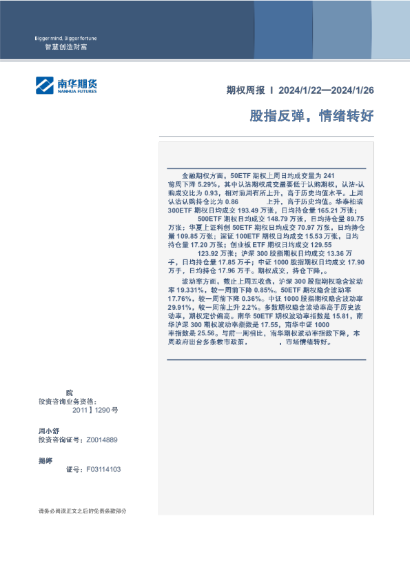 期权周报2024/1/22-2024/1/26：股指反弹，情绪转好