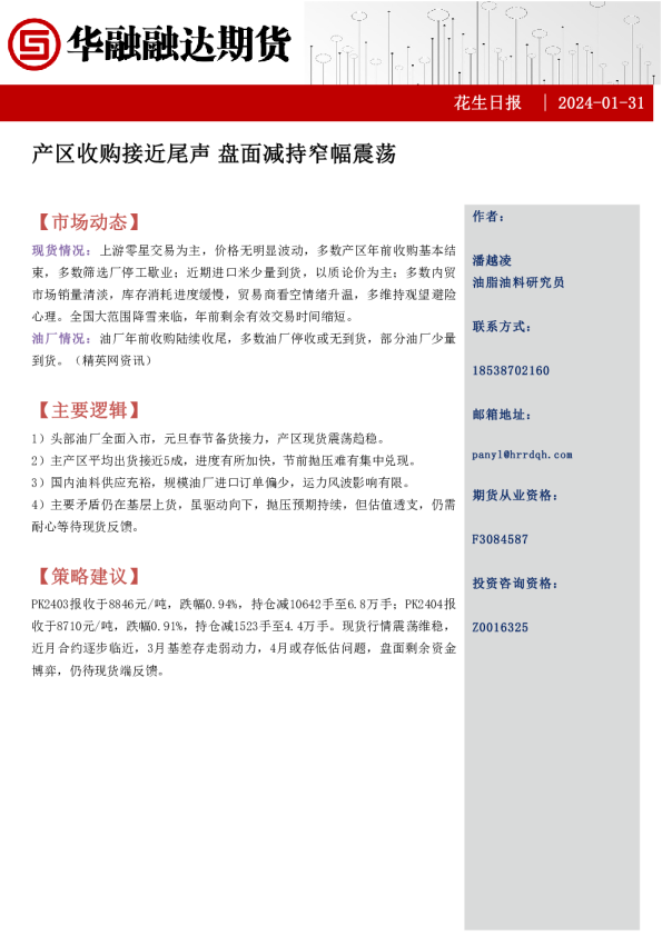 花生日报：产区收购接近尾声，盘面减持窄幅震荡