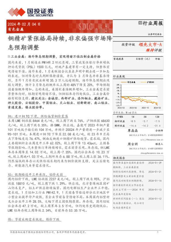 铜精矿紧张格局持续，非农偏强市场降息预期调整