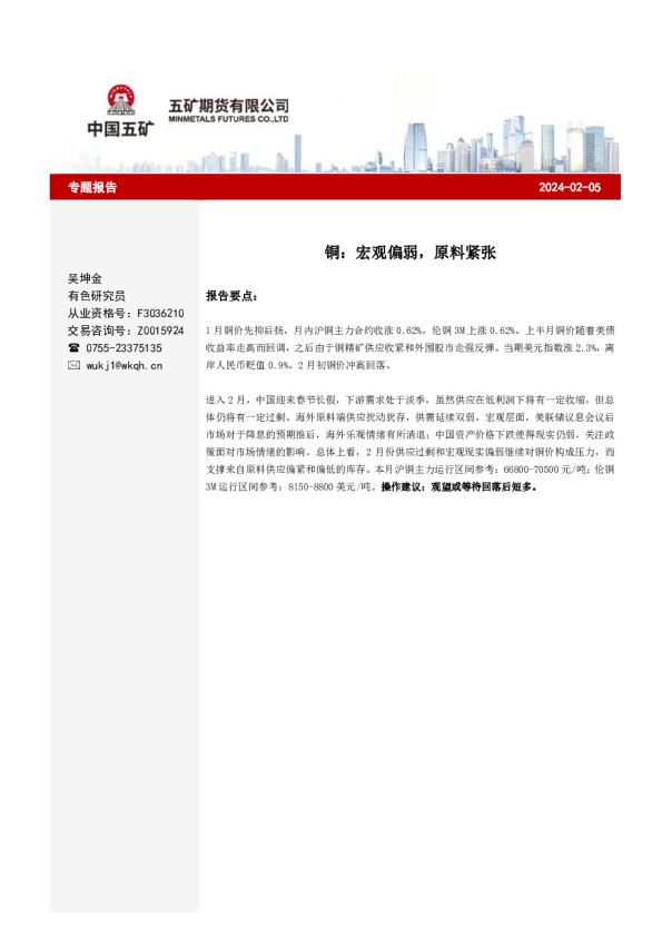 铜：宏观偏弱，原料紧张