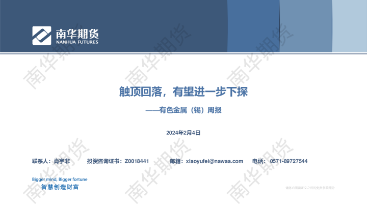 锡：触顶回落，有望进一步下探