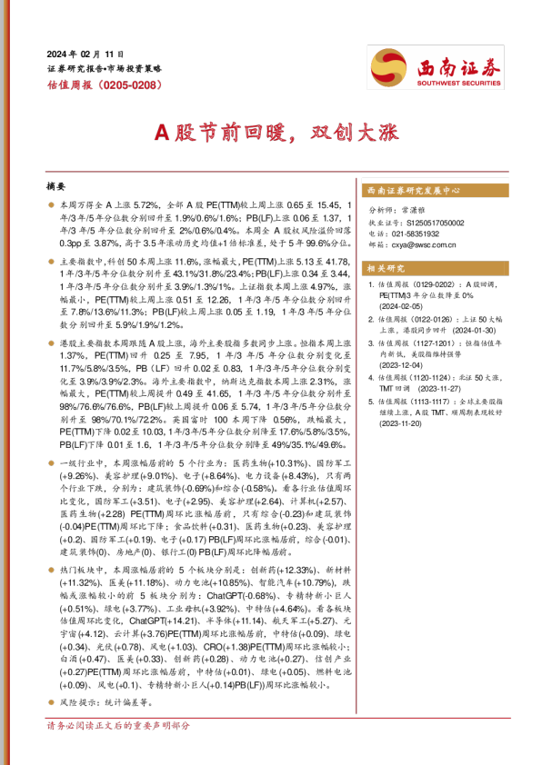 估值周报：A股节前回暖，双创大涨