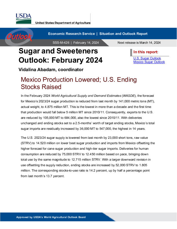USDA 糖和甜味剂展望 2024.02. 14
