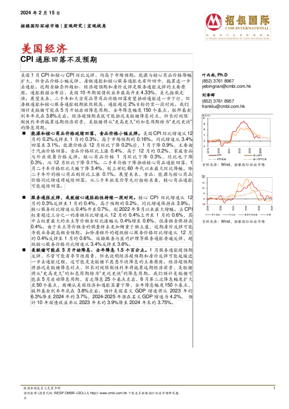 美国经济：CPI通胀回落不及预期