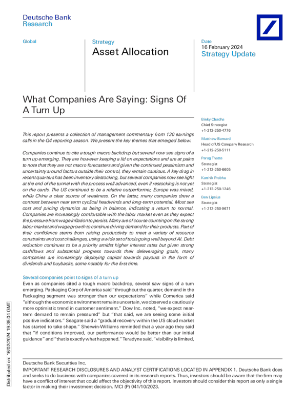 资产配置 ： 公司在说什么 ： 好转的迹象