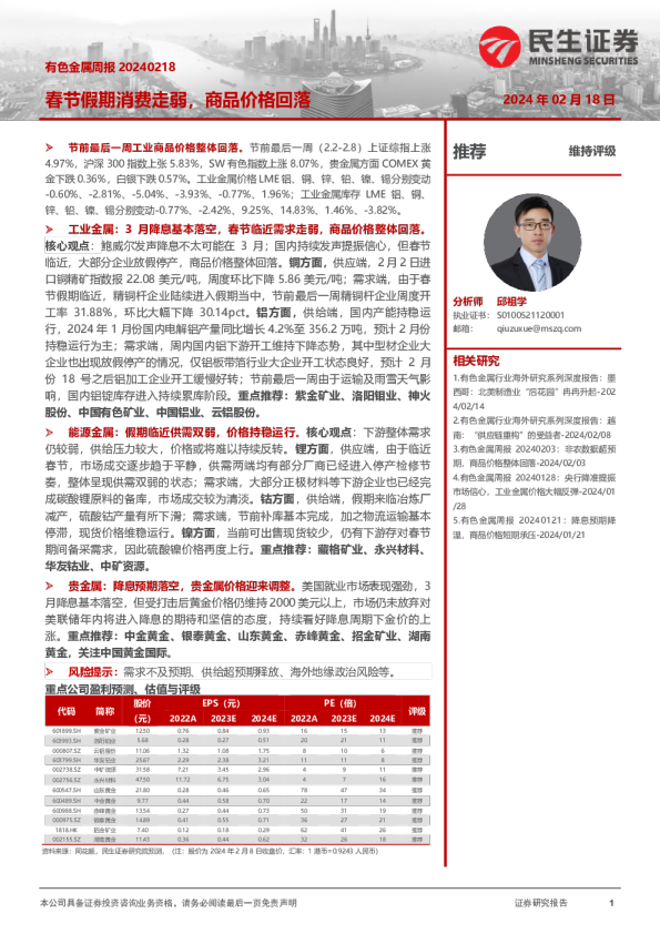 有色金属周报：春节假期消费走弱，商品价格回落