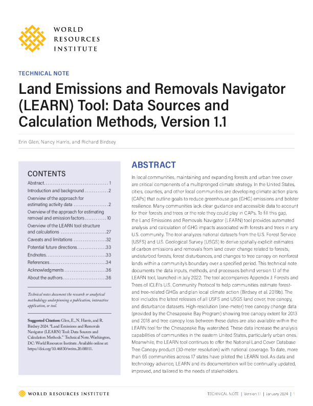 土地排放和清除导航器 (LEARN) 工具 ： 数据源和计算方法 ， 版本 1.1