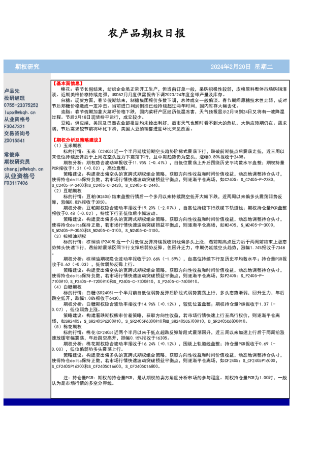 农产品期权日报