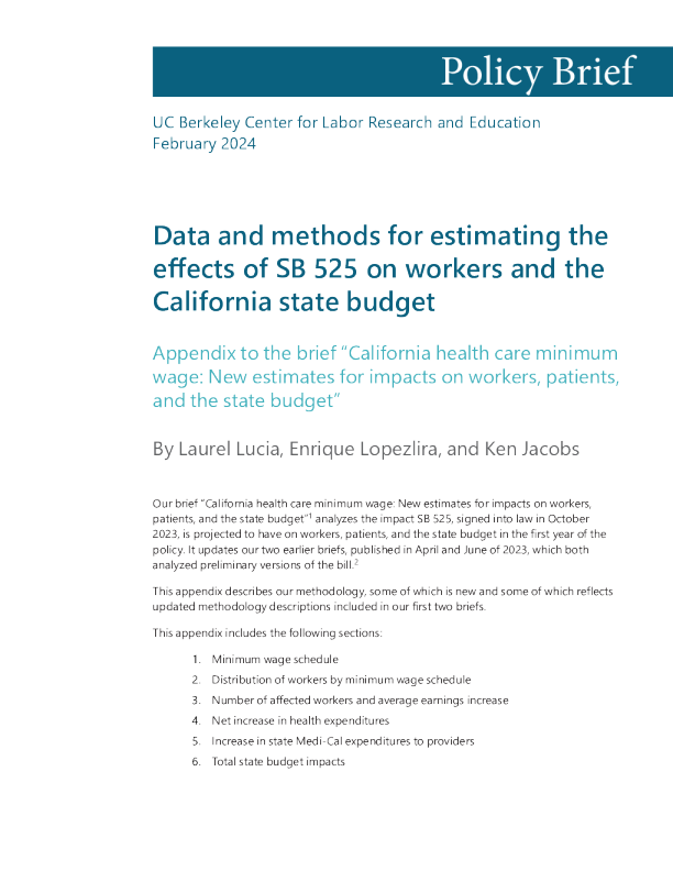 估算SB 525对工人和加利福尼亚州预算影响的数据和方法