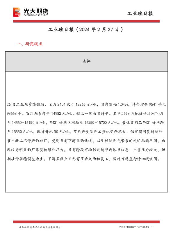工业硅日报