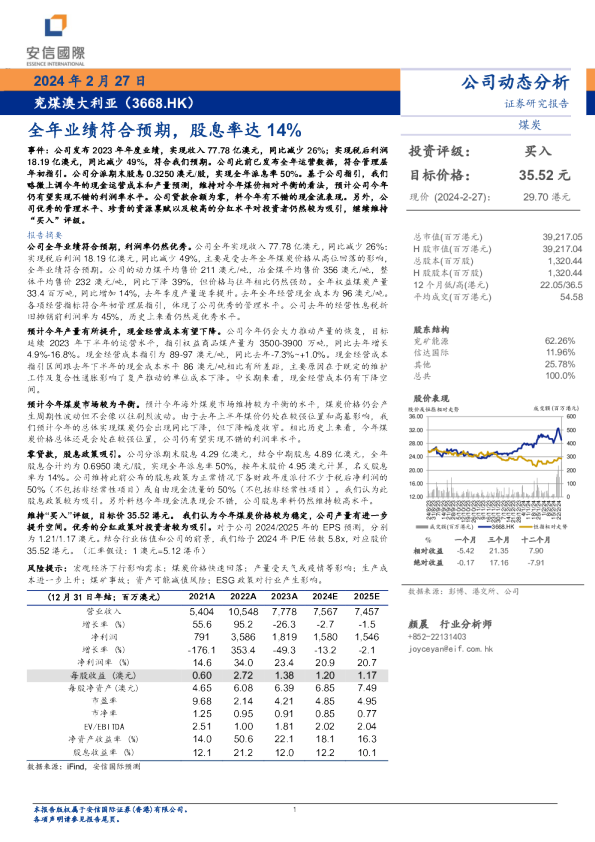 全年业绩符合预期，股息率达14%