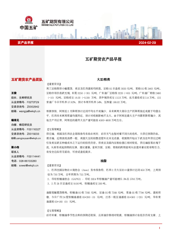 五矿期货农产品早报