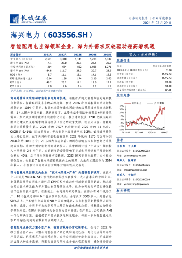 海兴电力：智能配用电出海领军企业，海内外需求双轮驱动迎高增机遇