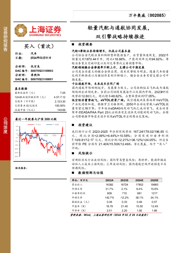 万丰奥威：轻量汽配与通航协同发展，双引擎战略持续推进
