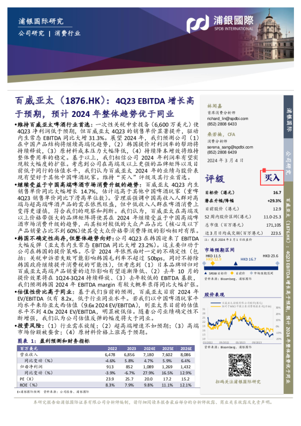 4Q23 EBITDA增长高于预期，预计2024年整体趋势优于同业