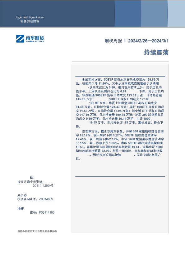 期权周报：持续震荡