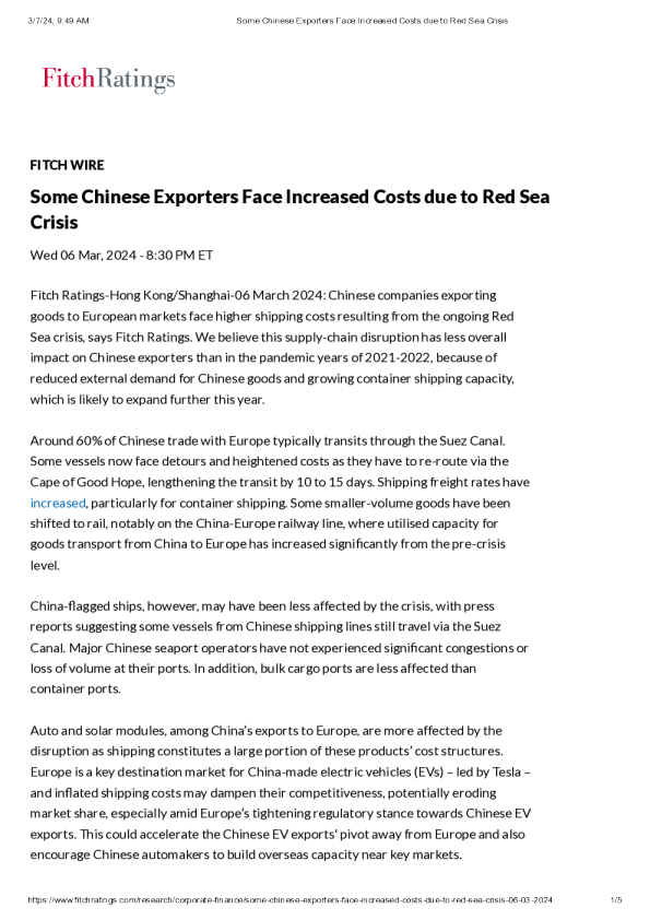 由于红海危机 ， 一些中国出口商面临成本增加