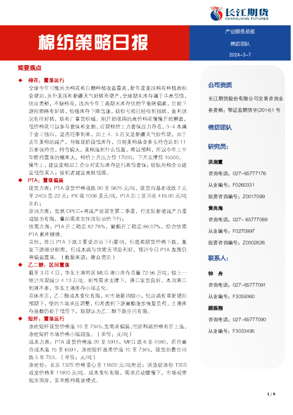 棉纺策略日报