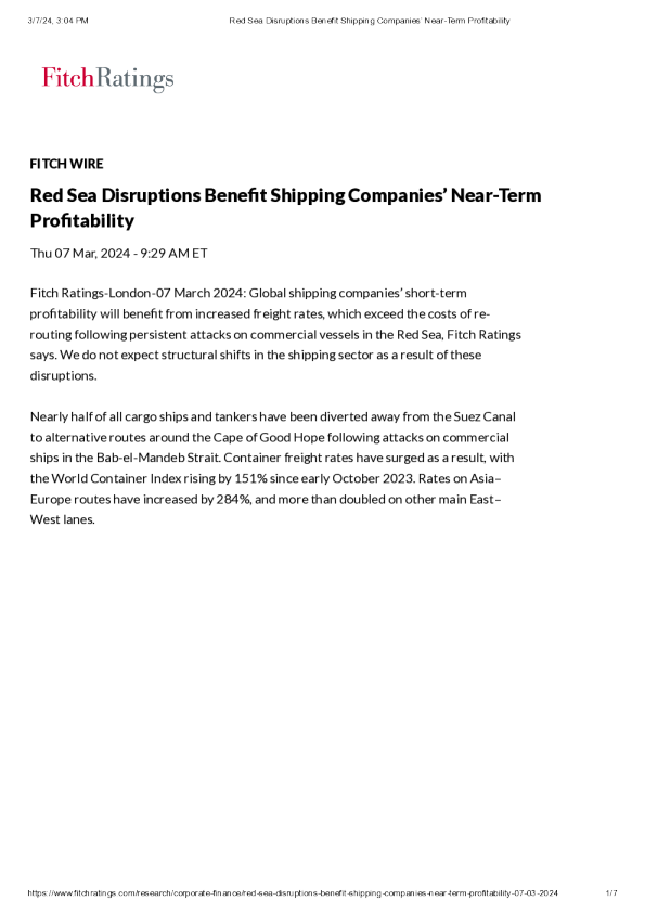 红海中断有利于航运公司的近期盈利能力