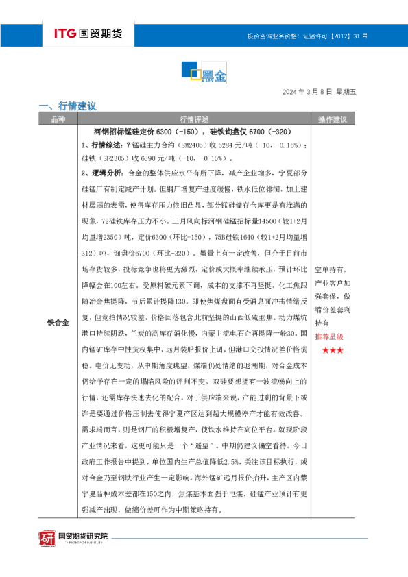 国贸期货黑金投研日报