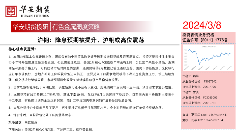 沪铜：降息预期被提升，沪铜或高位震荡