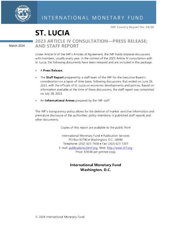 圣卢西亚 ： 2023 年第四条磋商 - 新闻稿 ； 和工作人员报告