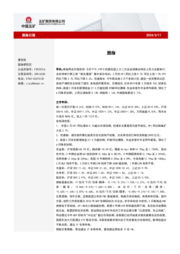 五矿期货股指日报