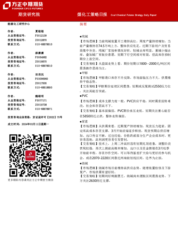 煤化工策略日报