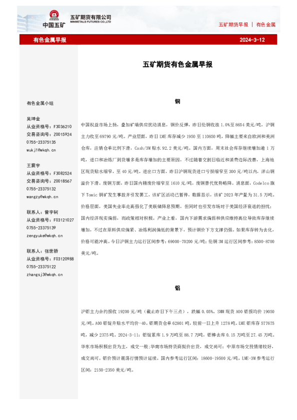 五矿期货早报有色金属