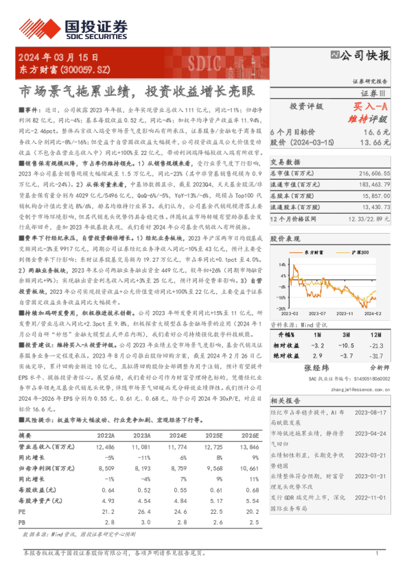 市场景气拖累业绩，投资收益增长亮眼